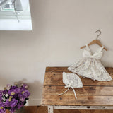 Floral Ribbon Dress Romper & Bonnet Set_ White