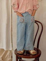 Denim Blue Lace Linen Pants_ Light blue