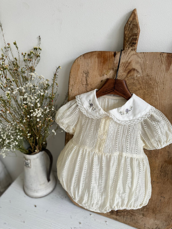 Iris Embroidery Romper_Lemon Cream