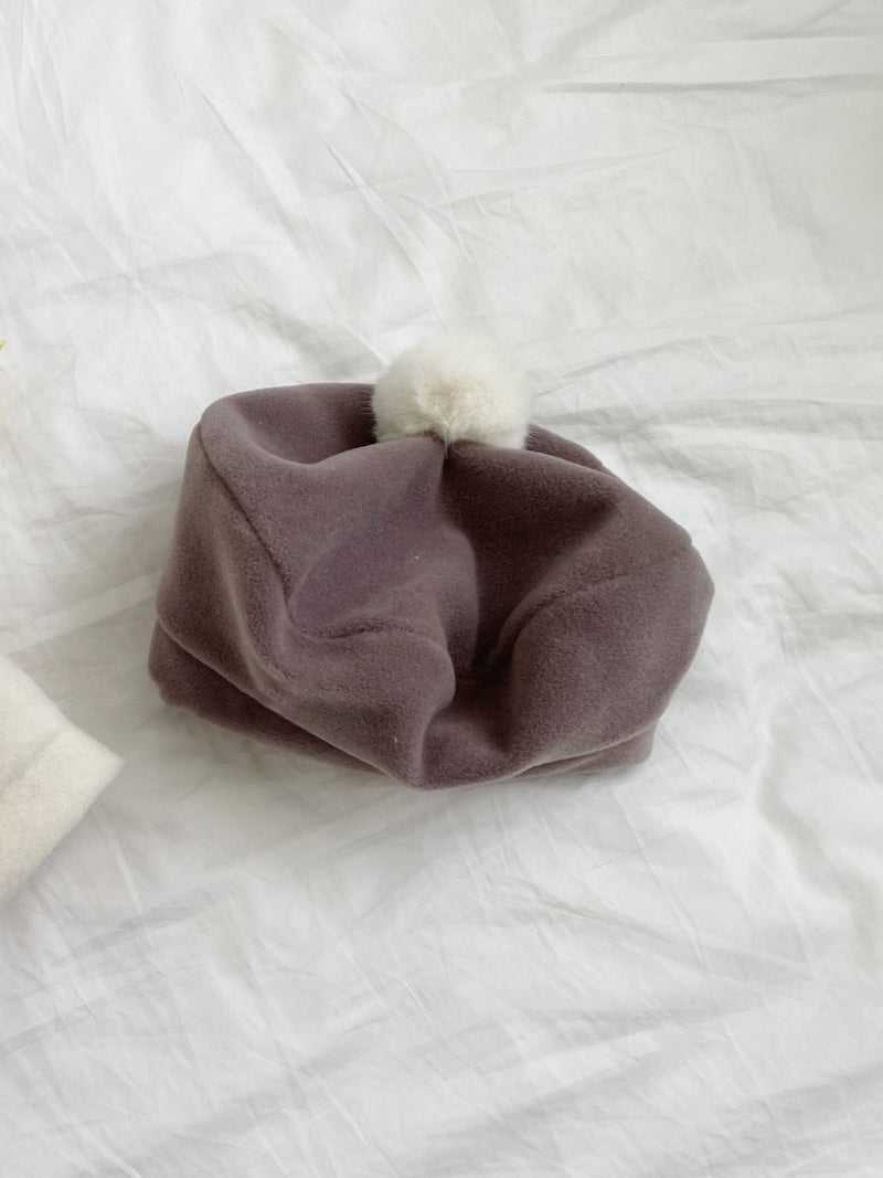 Pompom Fleece Beret_Mocha