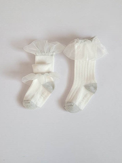 Organza Frill Socks & Knee Socks Set_Cream
