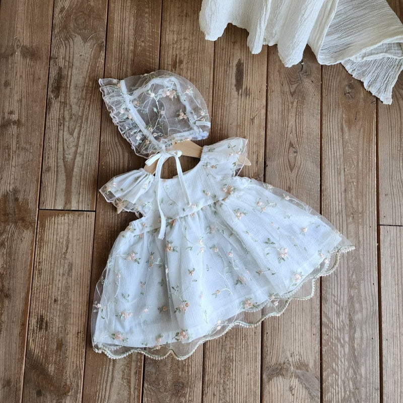 Emily Embroidery Dress & Bonnet Set_ White