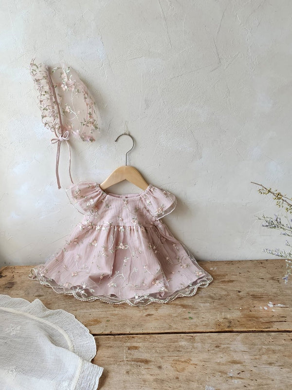 Emily Embroidery Dress & Bonnet Set_ Dusty Pink