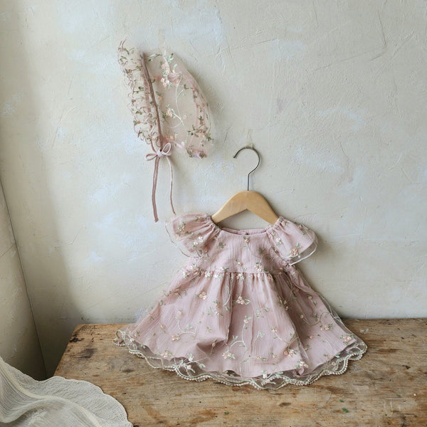 Emily Embroidery Dress & Bonnet Set_ Dusty Pink