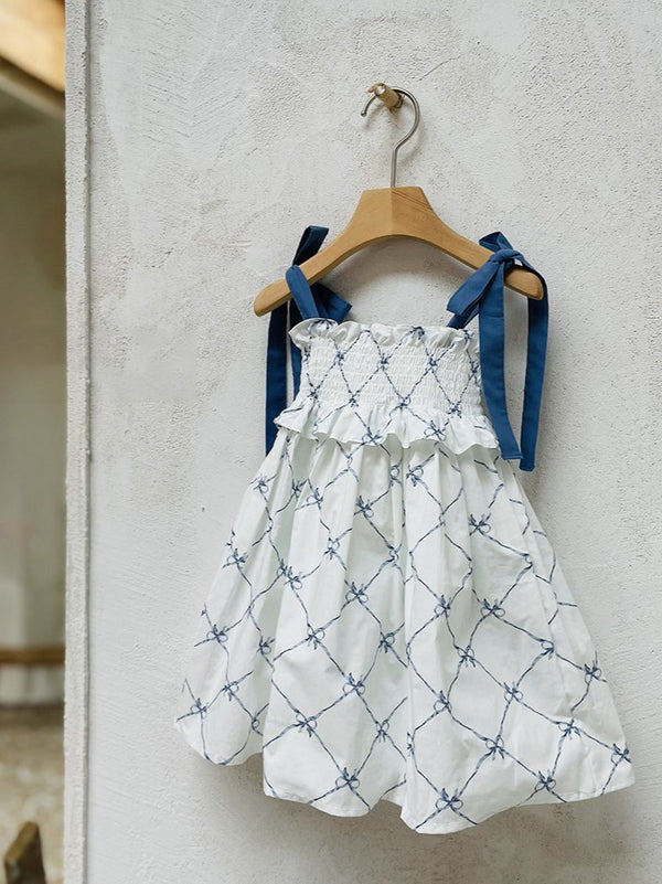 Glen Smocked Dress_ Blue