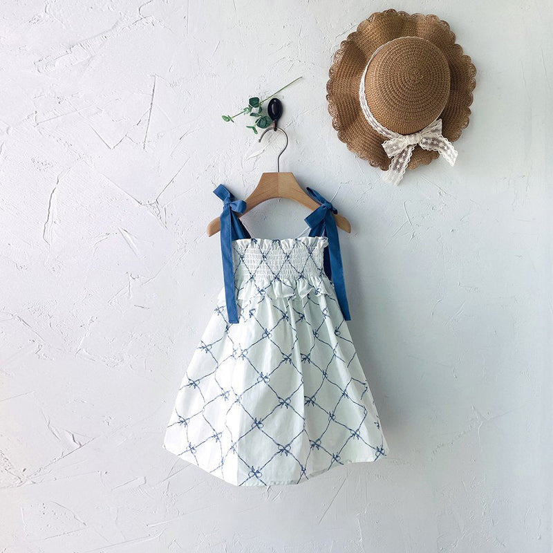 Glen Smocked Dress_ Blue