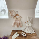 Floral Ribbon Dress Romper & Bonnet Set_ White