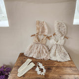 Floral Ribbon Dress Romper & Bonnet Set_ White