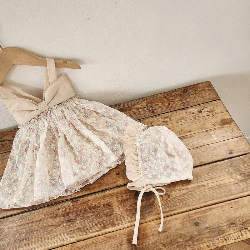 Floral Ribbon Dress Romper & Bonnet Set_ Pink