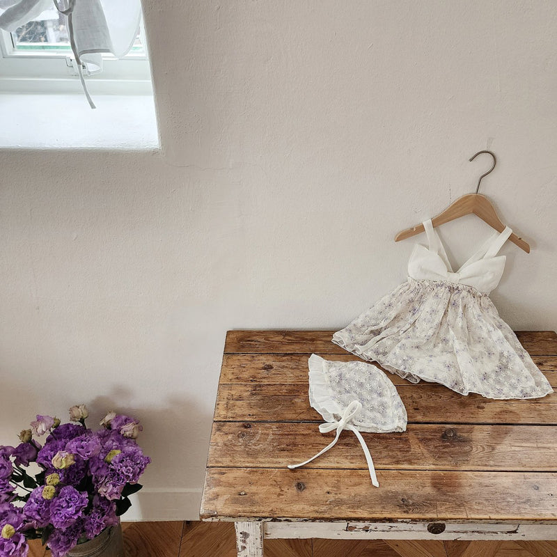 Floral Ribbon Dress Romper & Bonnet Set_ White