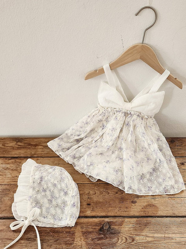 Floral Ribbon Dress Romper & Bonnet Set_ White