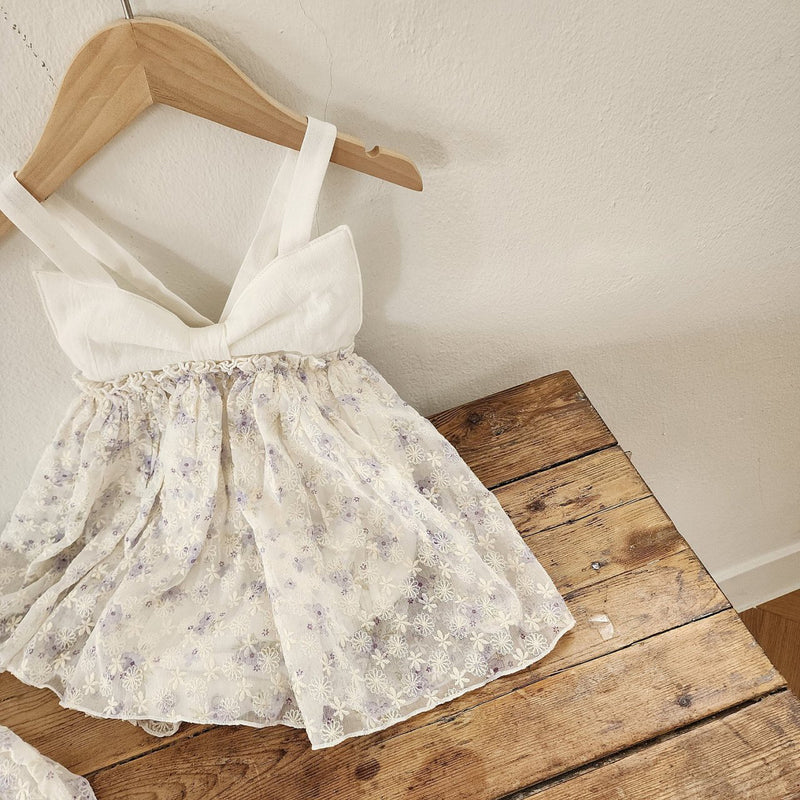 Floral Ribbon Dress Romper & Bonnet Set_ White
