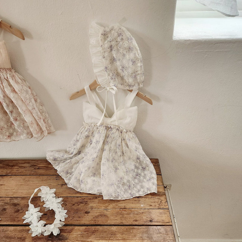 Floral Ribbon Dress Romper & Bonnet Set_ White