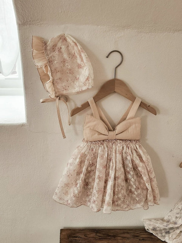 Floral Ribbon Dress Romper & Bonnet Set_ Pink