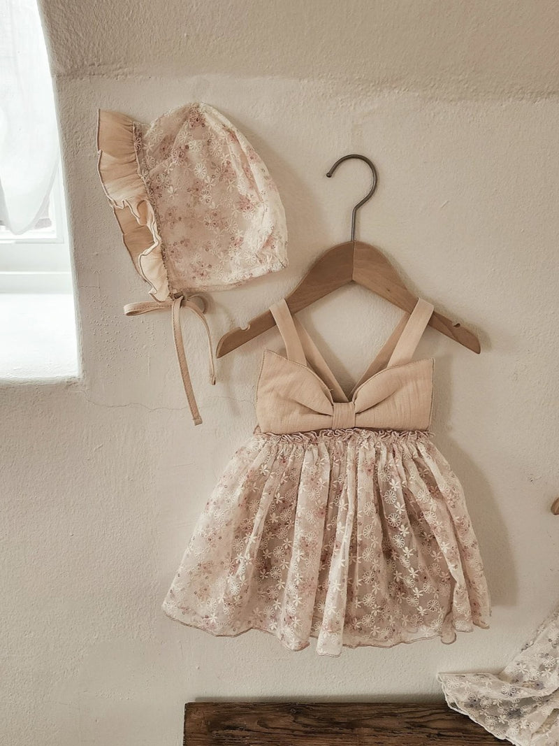 Floral Ribbon Dress Romper & Bonnet Set_ Pink