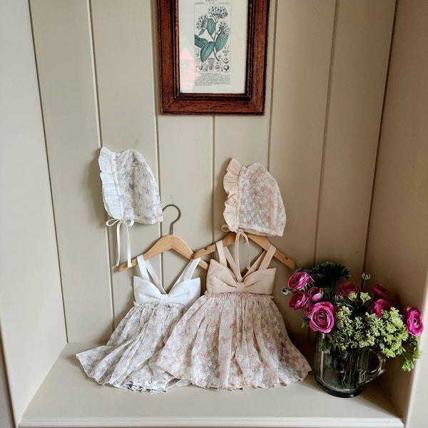Floral Ribbon Dress Romper & Bonnet Set_ White