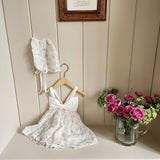 Floral Ribbon Dress Romper & Bonnet Set_ White