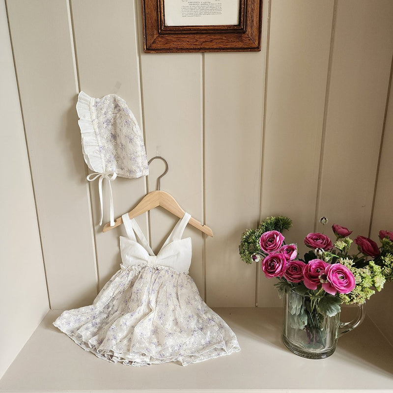 Floral Ribbon Dress Romper & Bonnet Set_ White