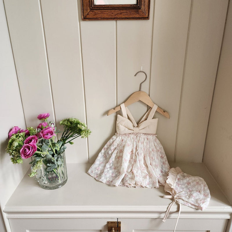 Floral Ribbon Dress Romper & Bonnet Set_ Pink
