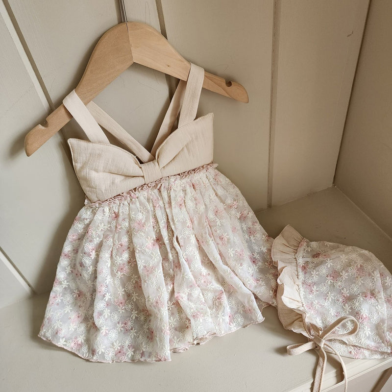 Floral Ribbon Dress Romper & Bonnet Set_ Pink