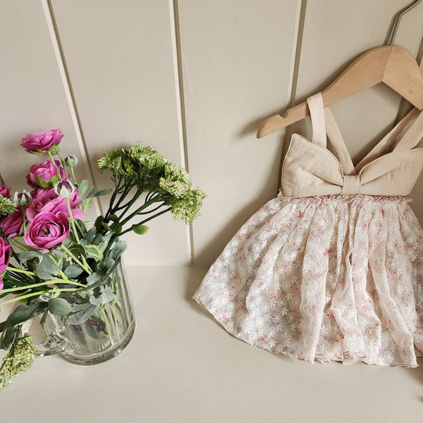 Floral Ribbon Dress Romper & Bonnet Set_ Pink
