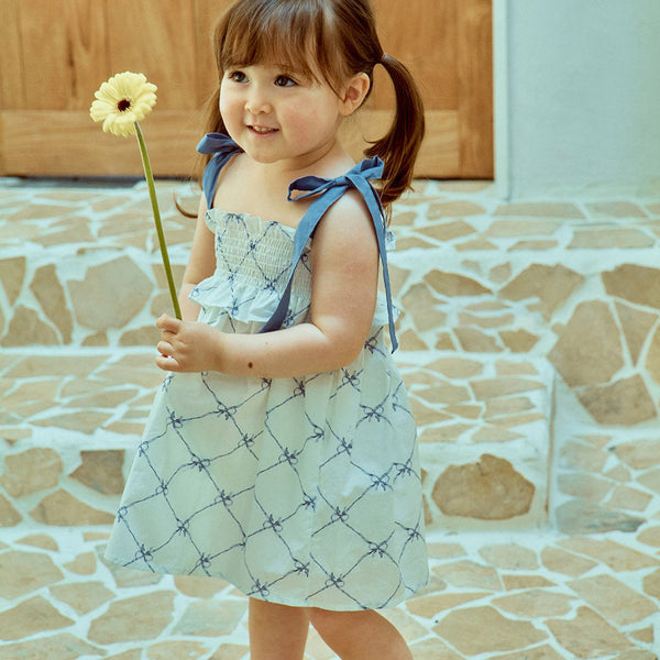Glen Smocked Dress_ Blue