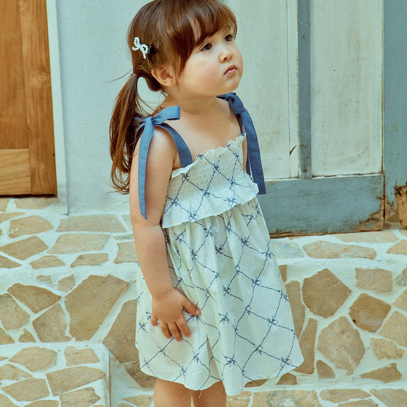 Glen Smocked Dress_ Blue