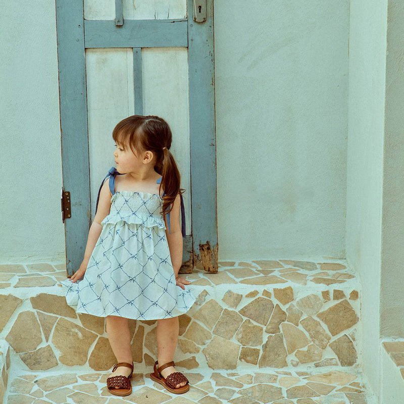 Glen Smocked Dress_ Blue