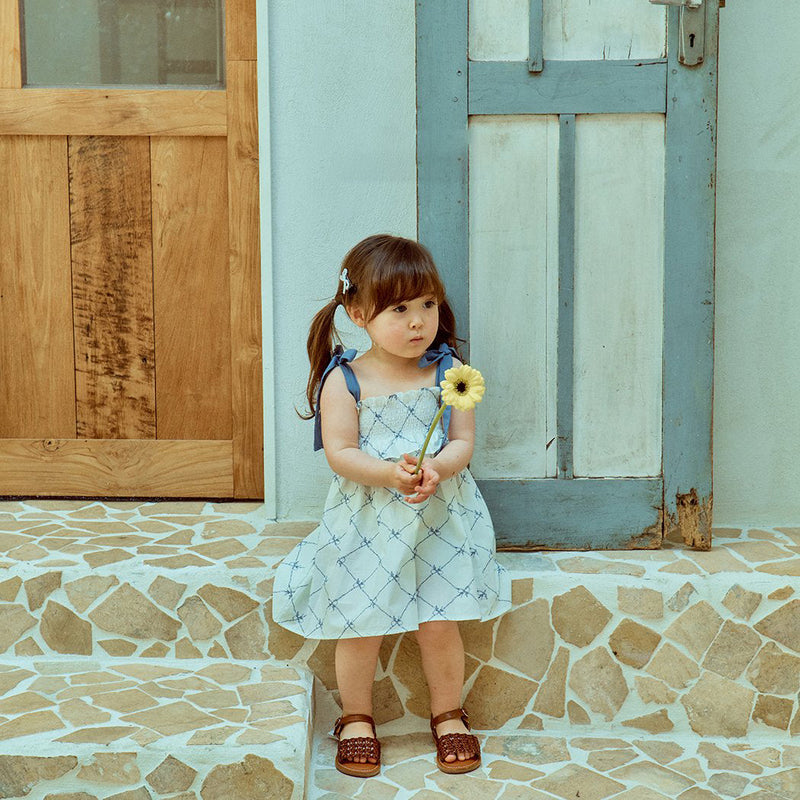 Glen Smocked Dress_ Blue
