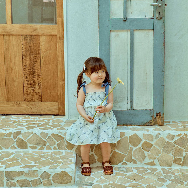 Glen Smocked Dress_ Blue