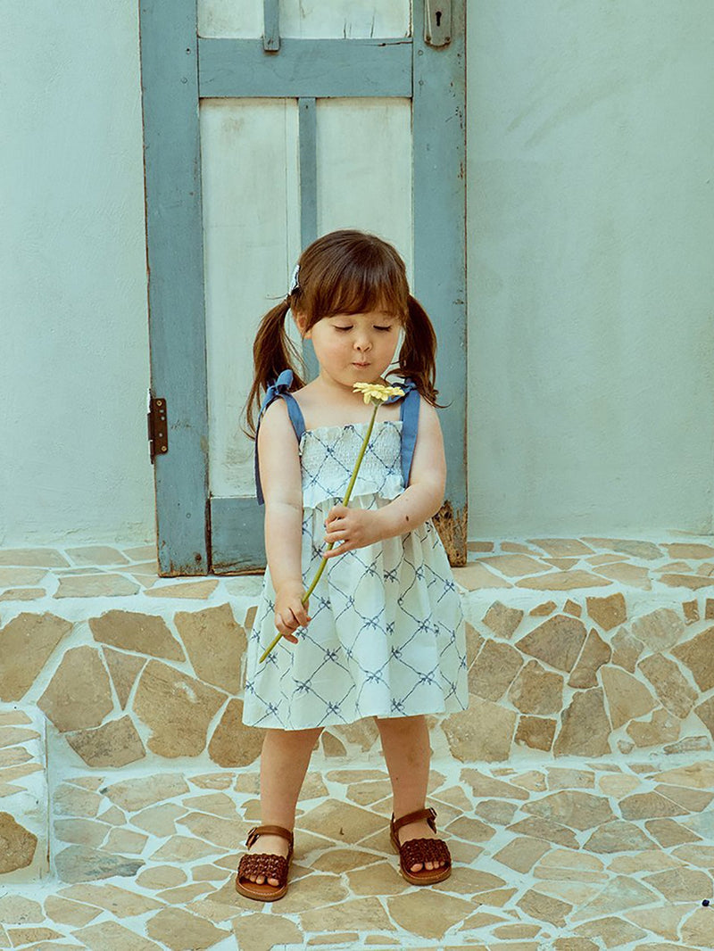 Glen Smocked Dress_ Blue