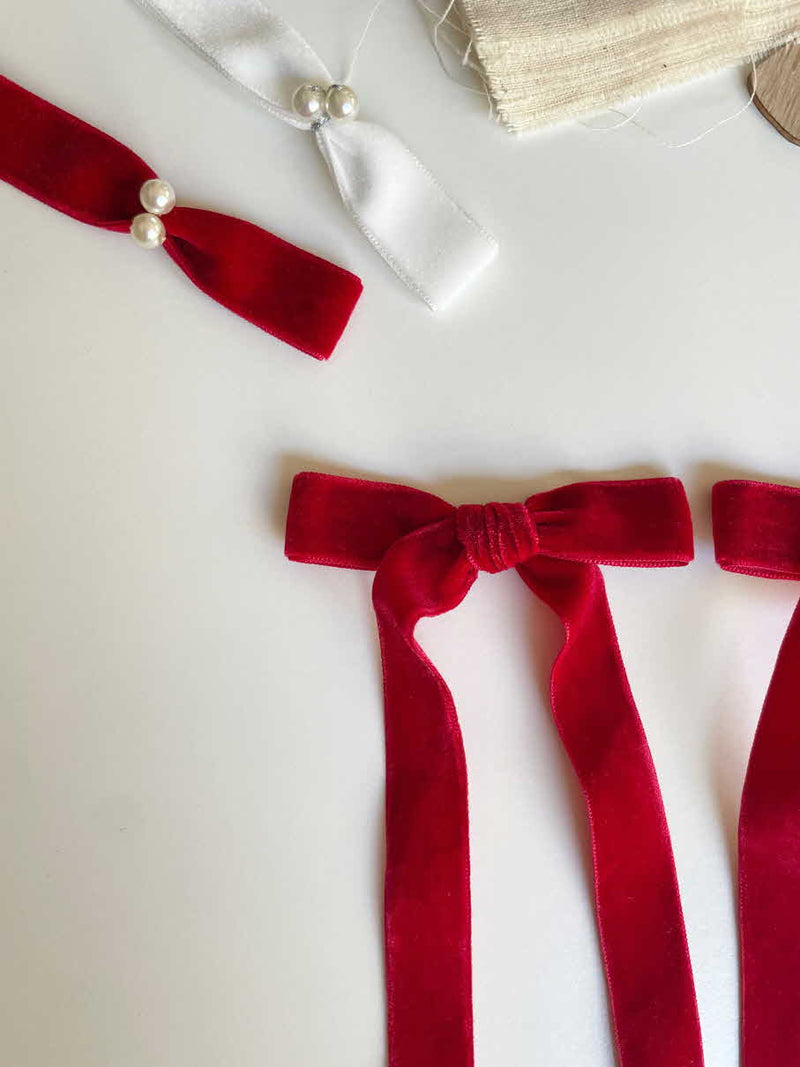 Red velvet long tail bow clip set
