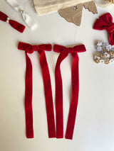 Red velvet long tail bow clip set
