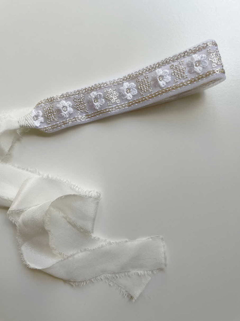 Premium embroidered silk tie back headband